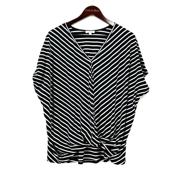 Umgee VNeck Cap Sleeve Blouse Women M Black White Stripe Twist Knot Front 1182H - Picture 1 of 11